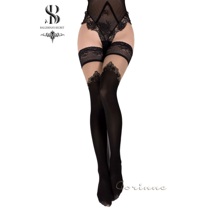 Ballerina : Bas auto-fixants à motif. Noir/chair. Article 549