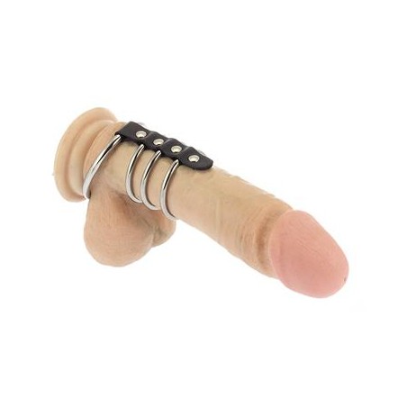 5 anneaux pénis métal sangle cuir