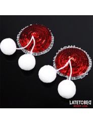 Cache-tétons à paillettes rouges et pompons blancs
