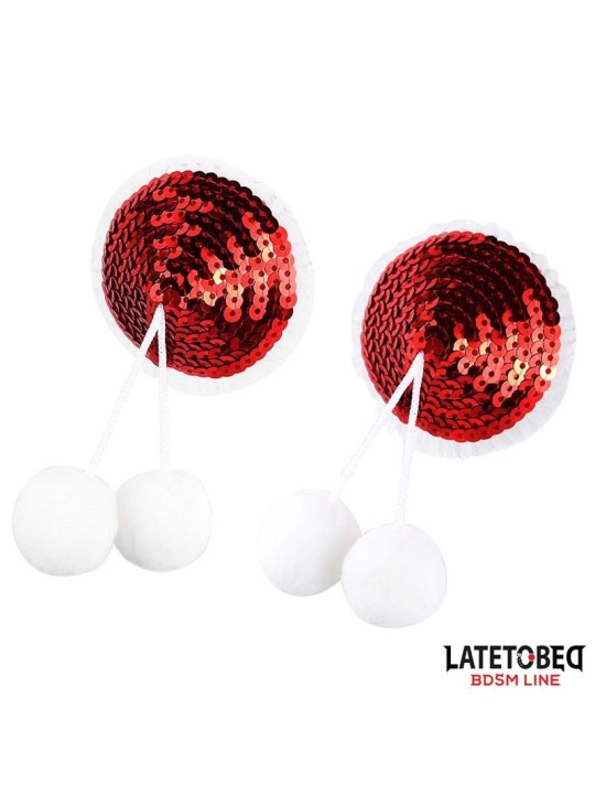 Cache-tétons à paillettes rouges et pompons blancs