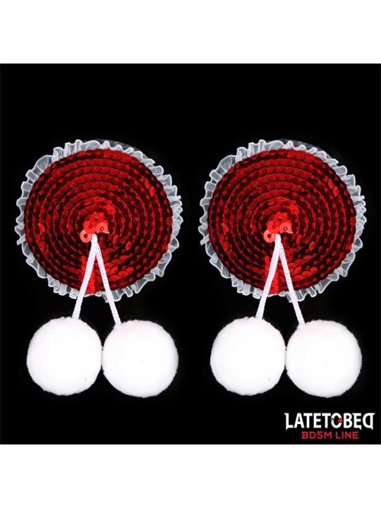 Cache-tétons à paillettes rouges et pompons blancs