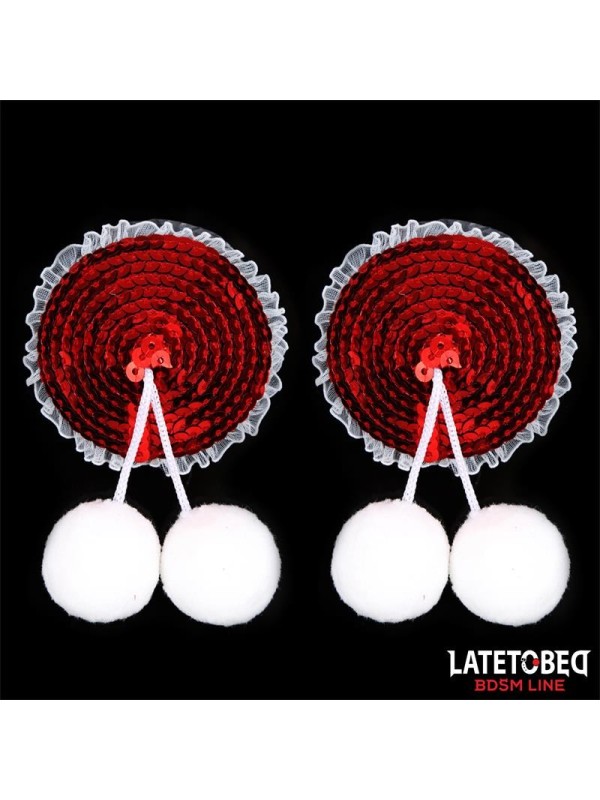 Cache-tétons à paillettes rouges et pompons blancs